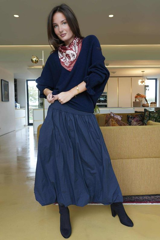 Paloma Bubble Hem Midi Skirt Navy